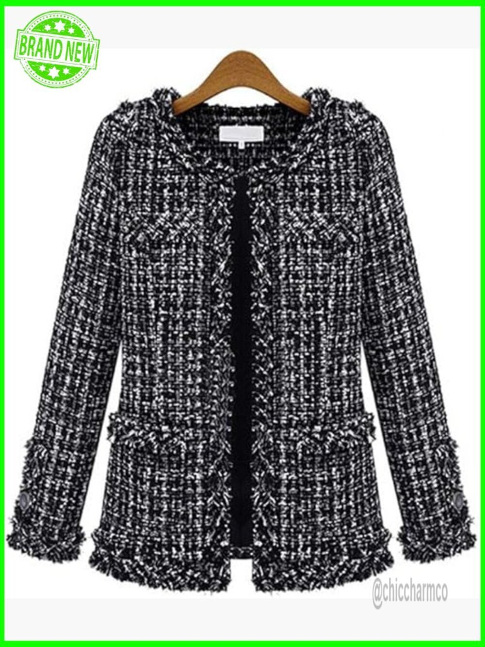 Women's Fringed Plaid Tweed Blazer Jacket Slim Fit